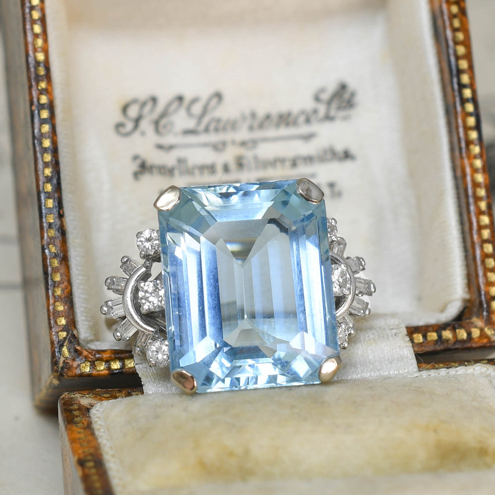 Art Deco 15.5ct Aquamarine & Diamond Cocktail Ring