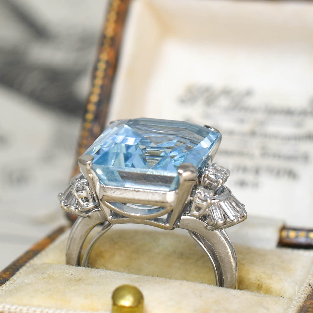 Art Deco 15.5ct Aquamarine & Diamond Cocktail Ring