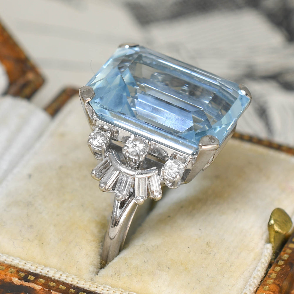 Art Deco 15.5ct Aquamarine & Diamond Cocktail Ring