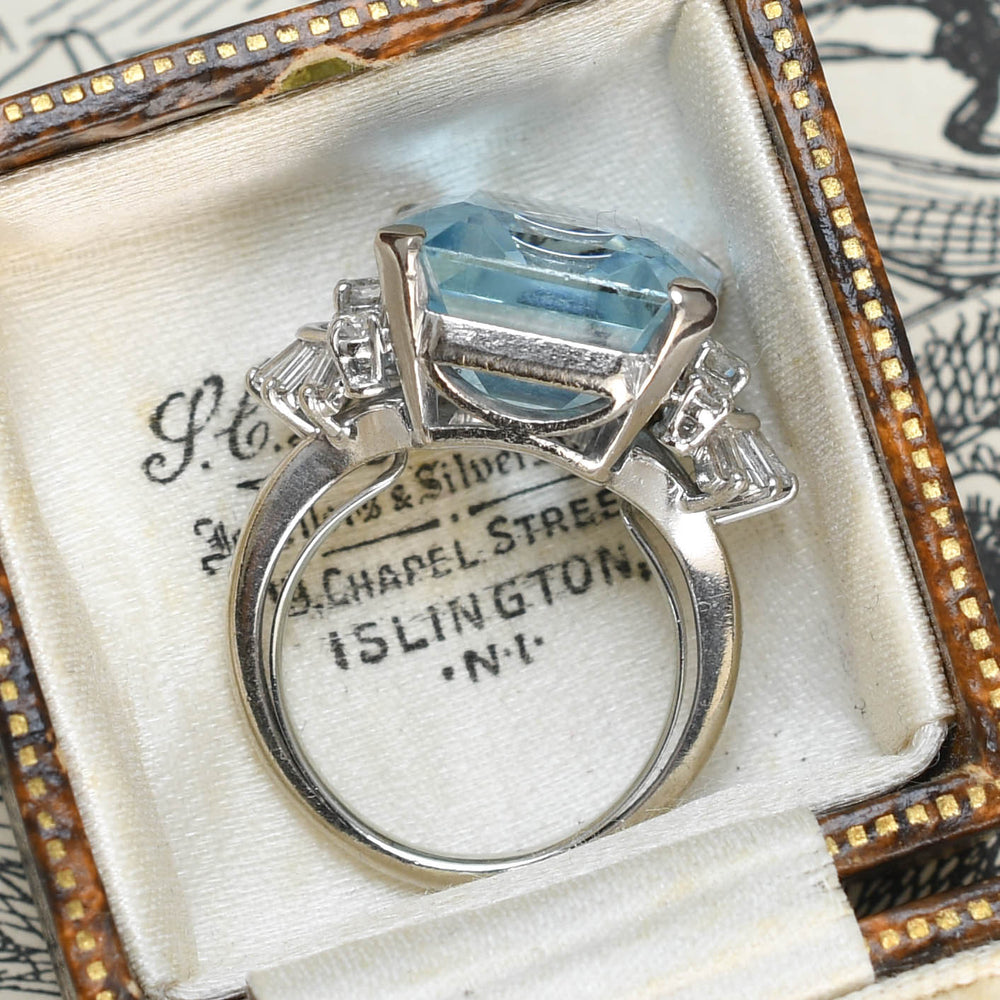 Art Deco 15.5ct Aquamarine & Diamond Cocktail Ring