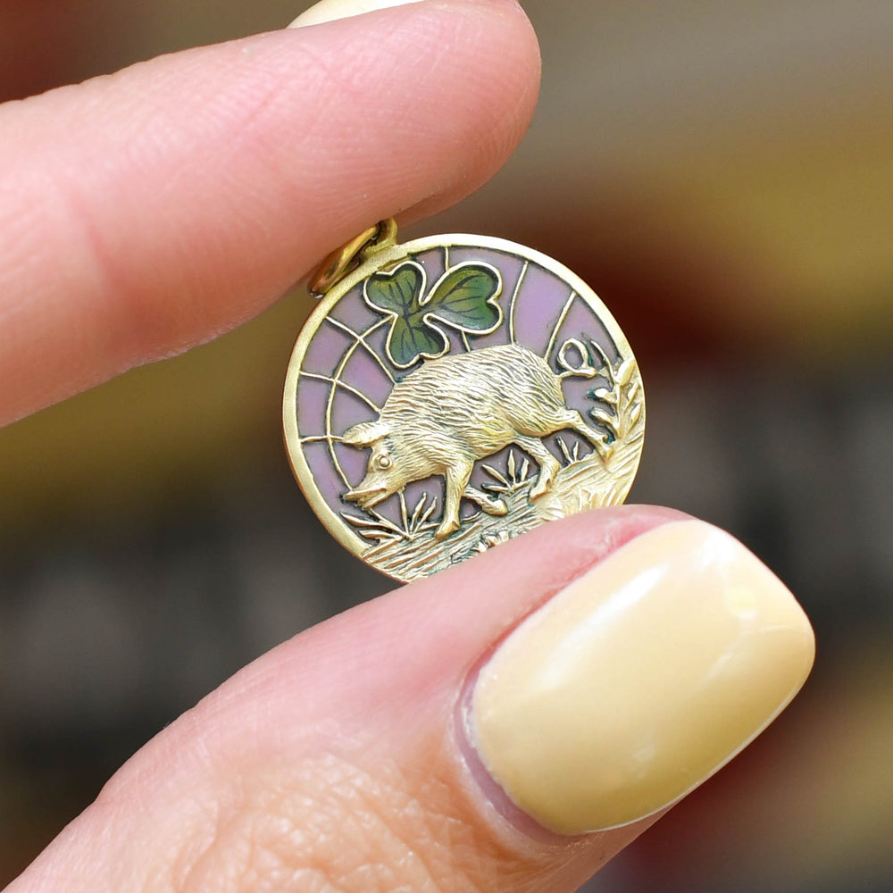 Antique Plique-à-Jour Enamel Lucky Pig Charm