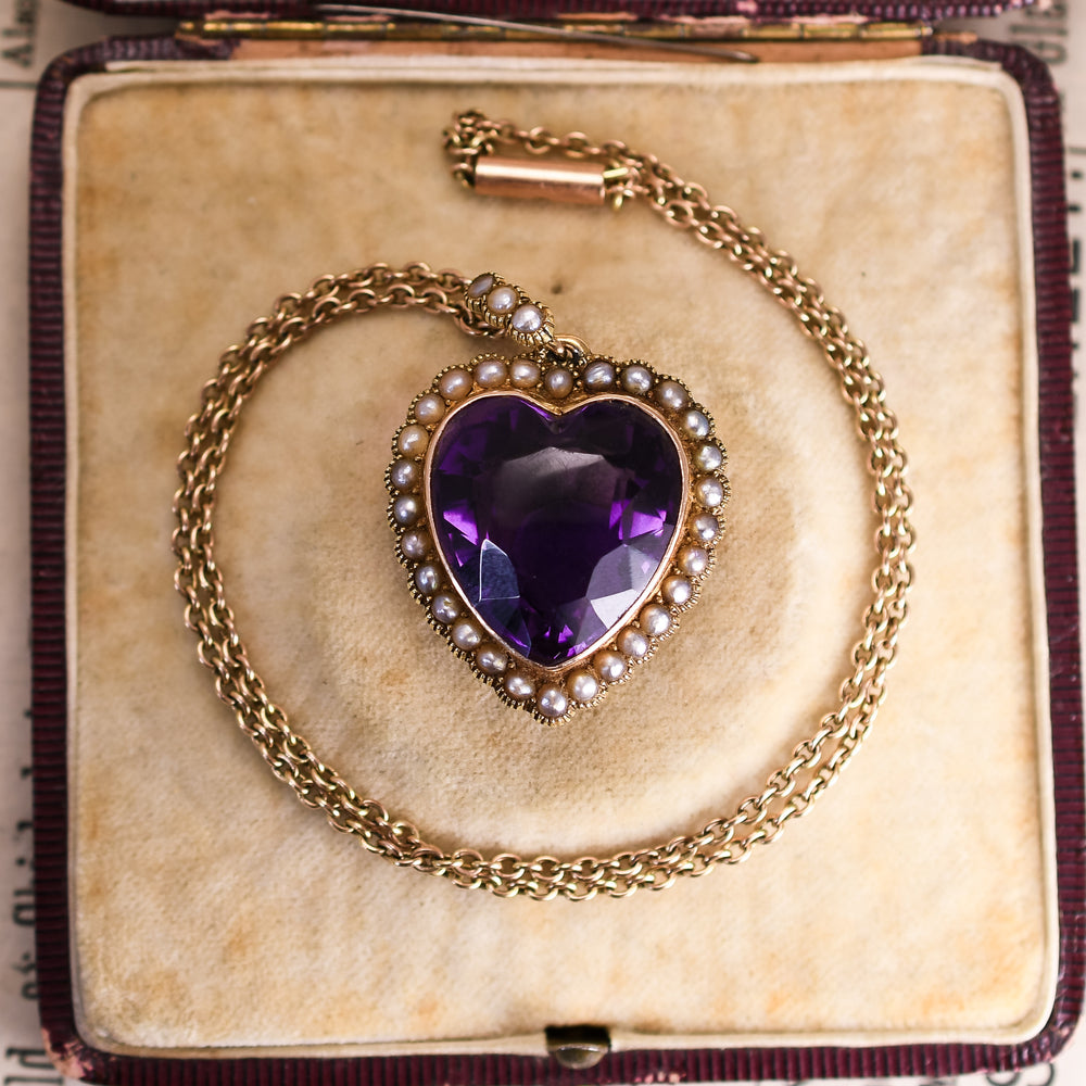 Victorian Siberian Amethyst & Pearl Heart Pendant
