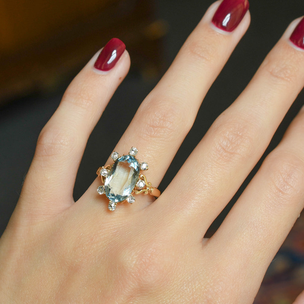 Edwardian Aquamarine & Diamond Satellite Ring