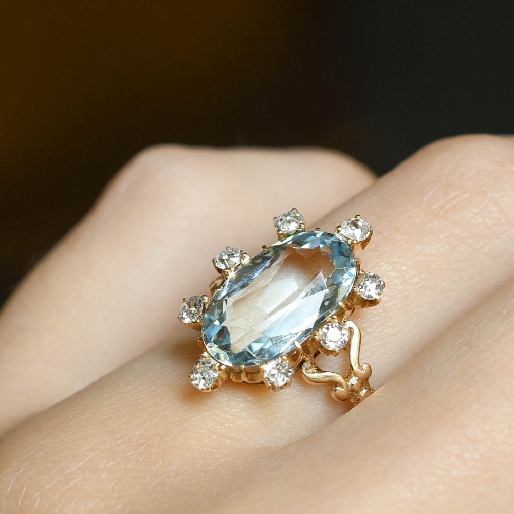 Edwardian Aquamarine & Diamond Satellite Ring