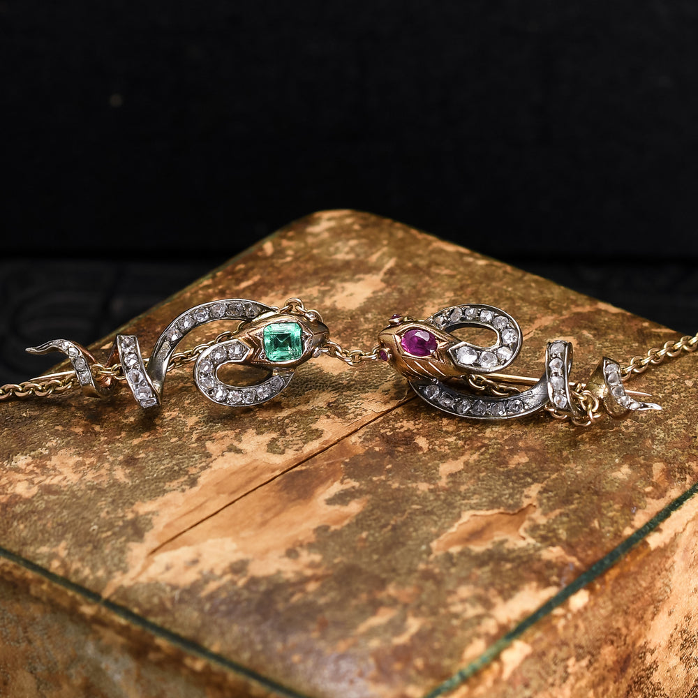 Victorian Pair of Emerald & Ruby Coiled Snake Slider Pendants