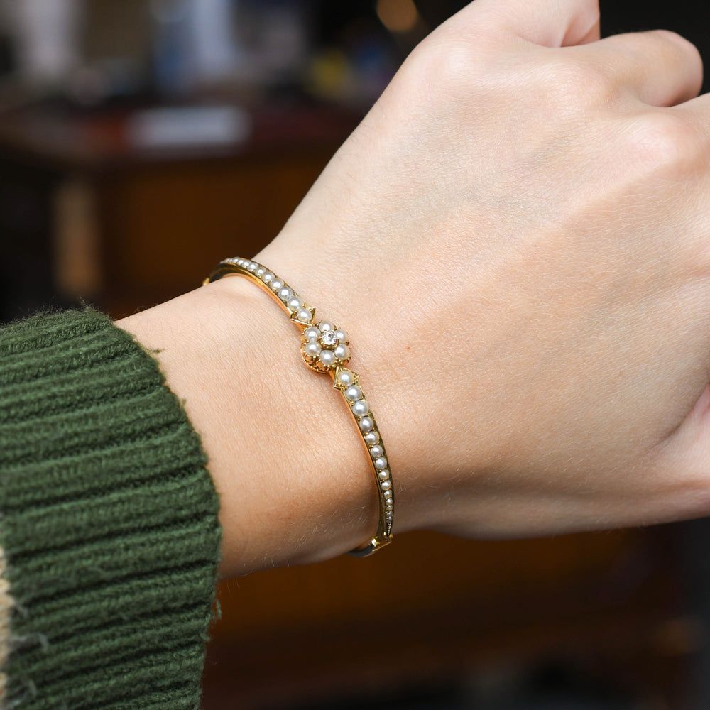 Victorian Pearl & Diamond Cluster Bangle