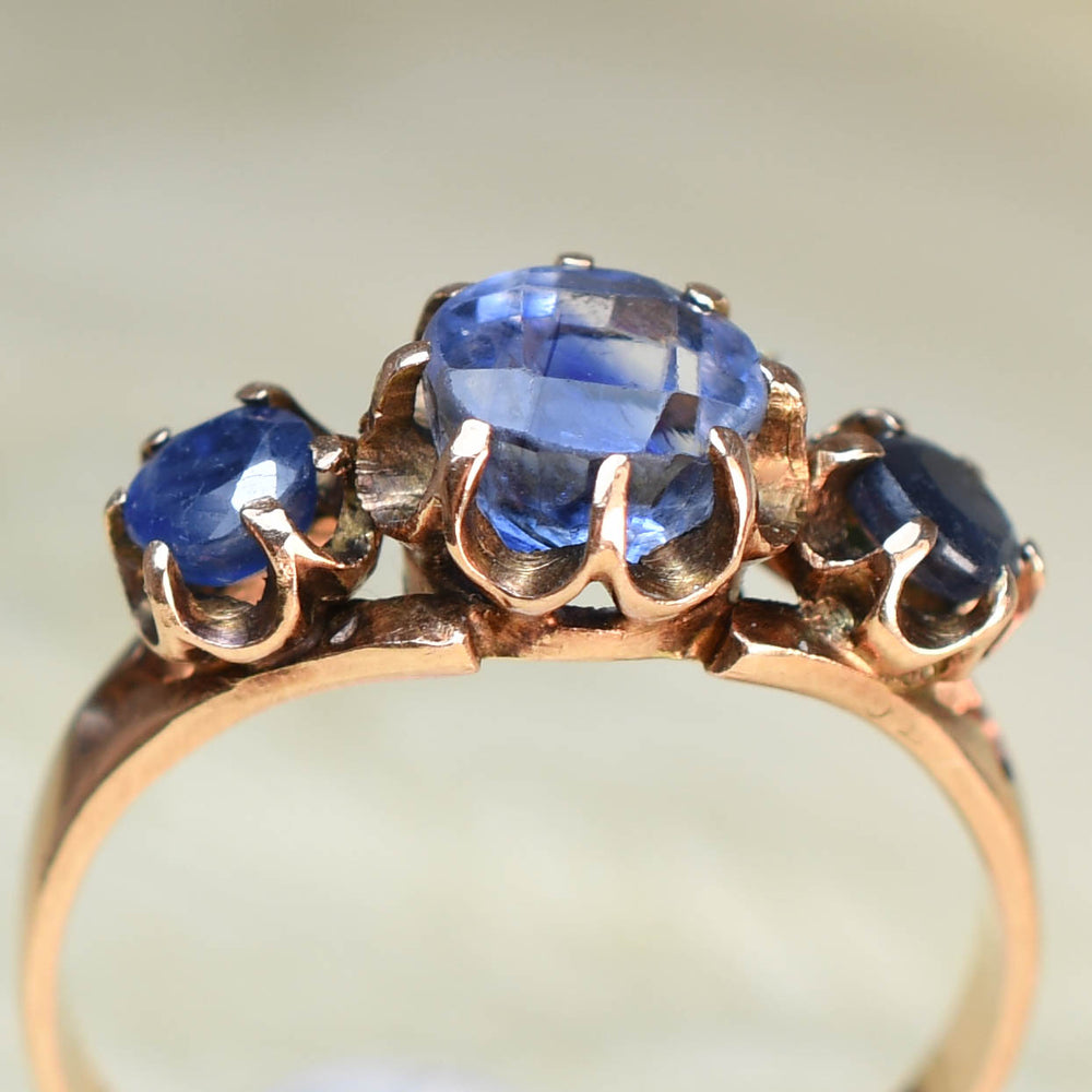 Vintage Blue Spinel 3-Stone Rose Gold Ring