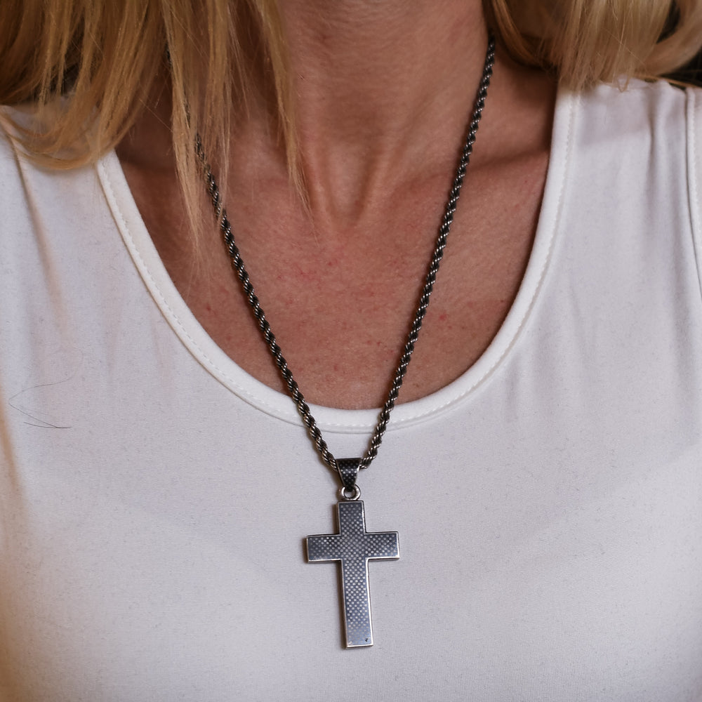 Victorian Niello Cross Pendant & Silver Chain