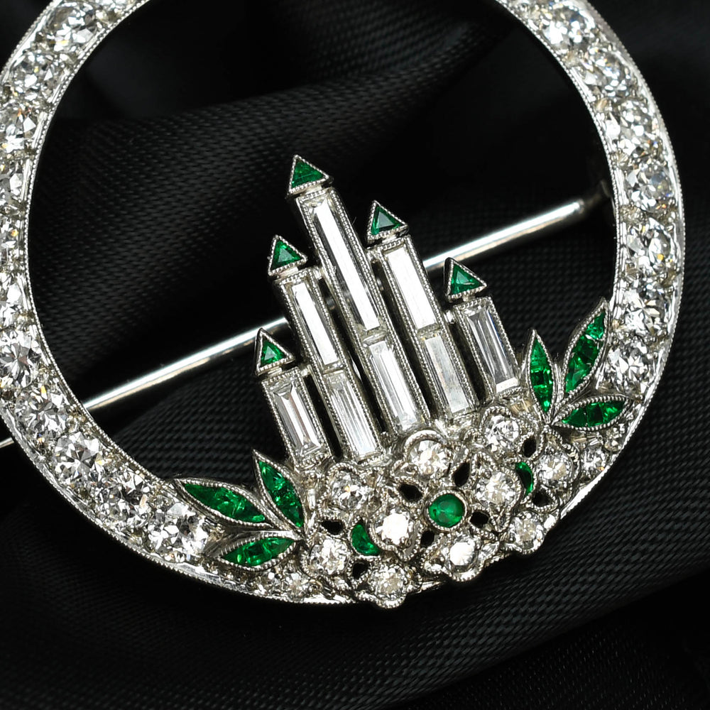 Art Deco Diamond & Emerald Advent Candle Wreath Brooch