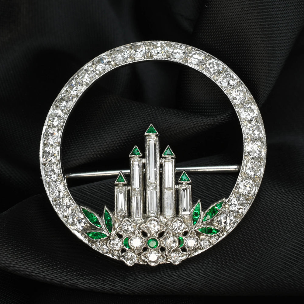 Art Deco Diamond & Emerald Advent Candle Wreath Brooch