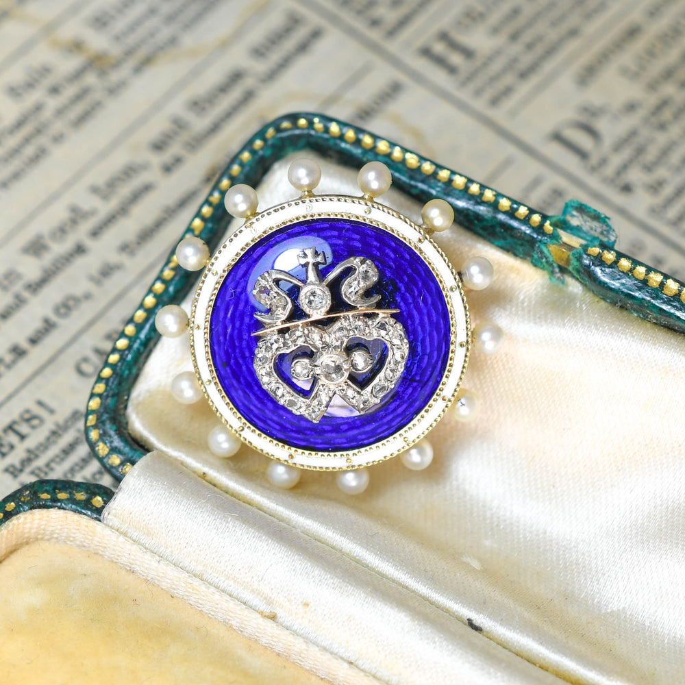 Victorian Diamond, Pearl & Enamel Intertwined Heart Brooch