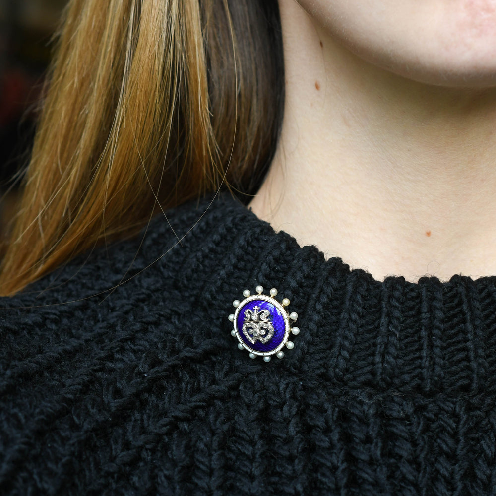 Victorian Diamond, Pearl & Enamel Intertwined Heart Brooch