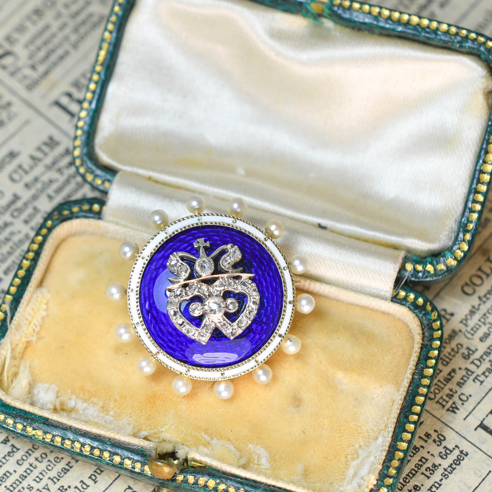 Victorian Diamond, Pearl & Enamel Intertwined Heart Brooch