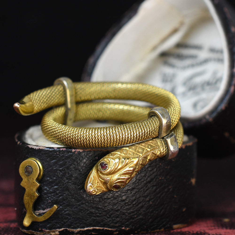 Victorian Garnet & Gold Mesh Coiled Snake Ring