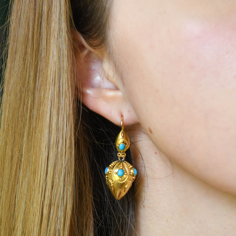 Etruscan Revival 15k Gold & Turquoise Torpedo Drop Earrings