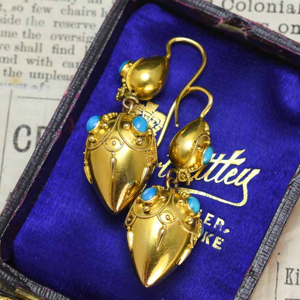 Etruscan Revival 15k Gold & Turquoise Torpedo Drop Earrings