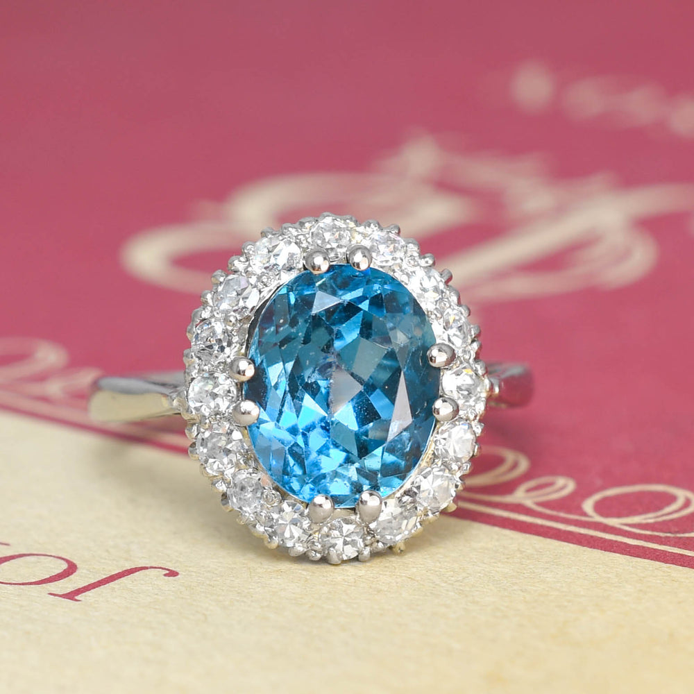 Art Deco 4.05ct Blue Zircon & Diamond Cluster Ring