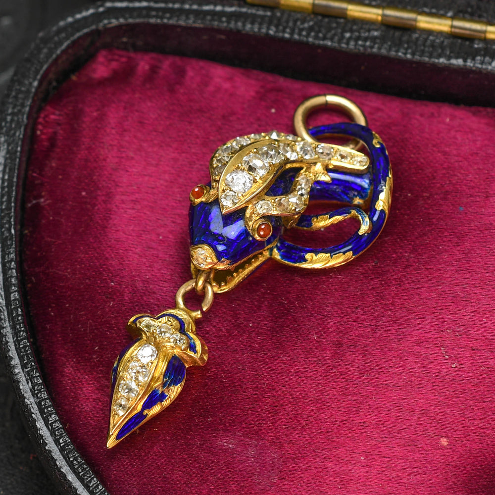 Victorian Old Cut Diamond & Enamel Snake Drop Pendant