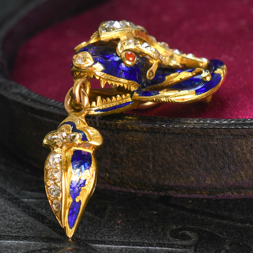 Victorian Old Cut Diamond & Enamel Snake Drop Pendant
