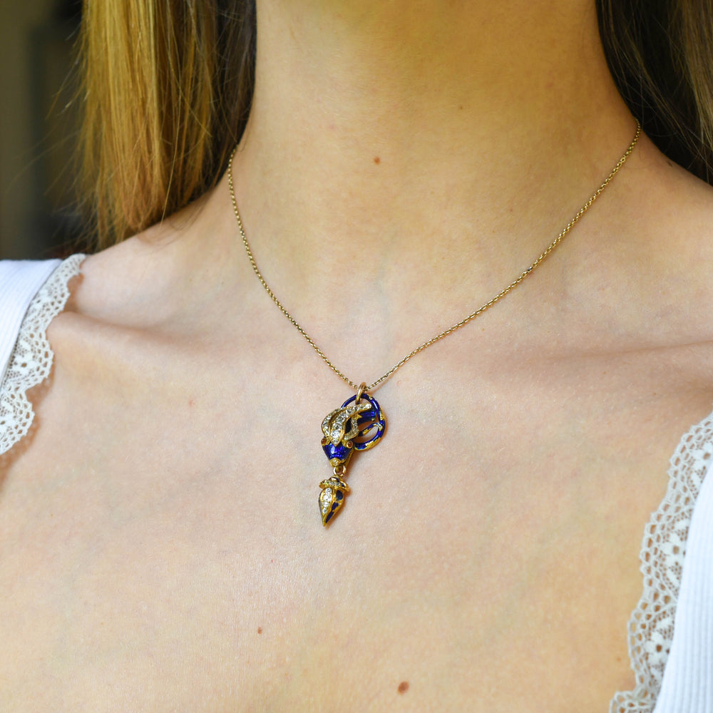 Victorian Old Cut Diamond & Enamel Snake Drop Pendant