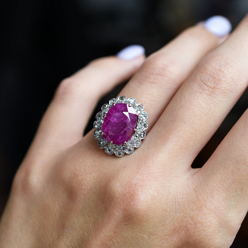Art Deco 9.52 Carat Burma Ruby Cluster Ring