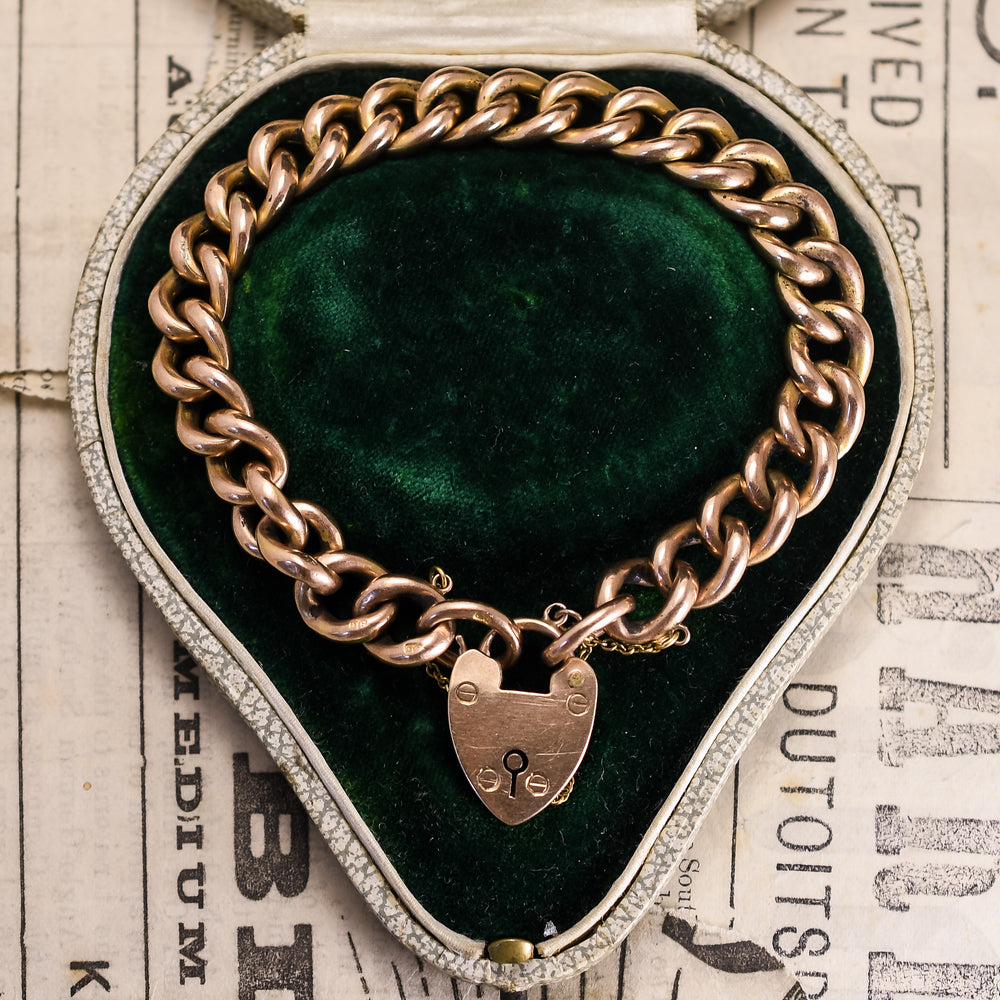 Victorian Gold Curb-Link Bracelet with Heart Padlock
