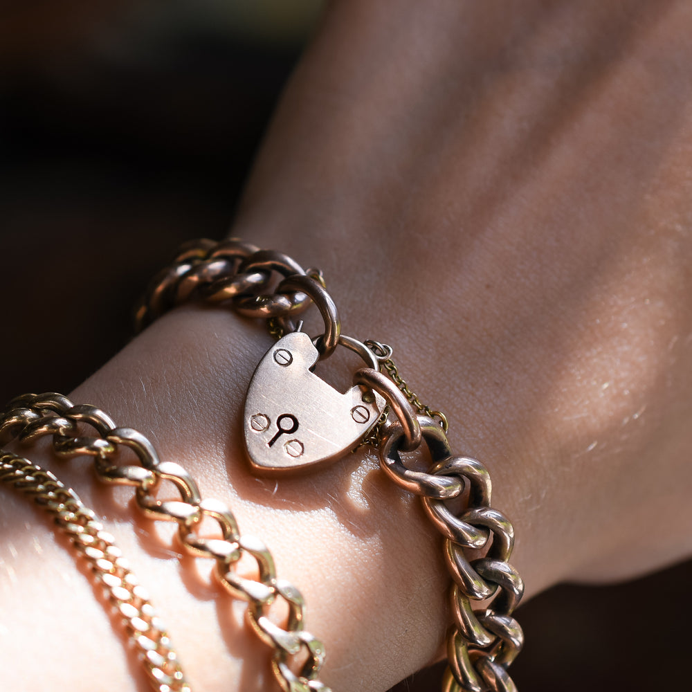 Victorian Gold Curb-Link Bracelet with Heart Padlock