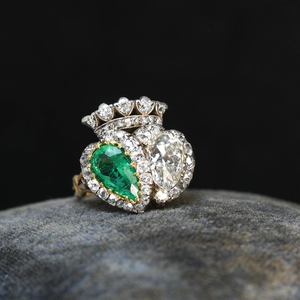 Exceptional Antique Emerald & Diamond Double Heart Ring
