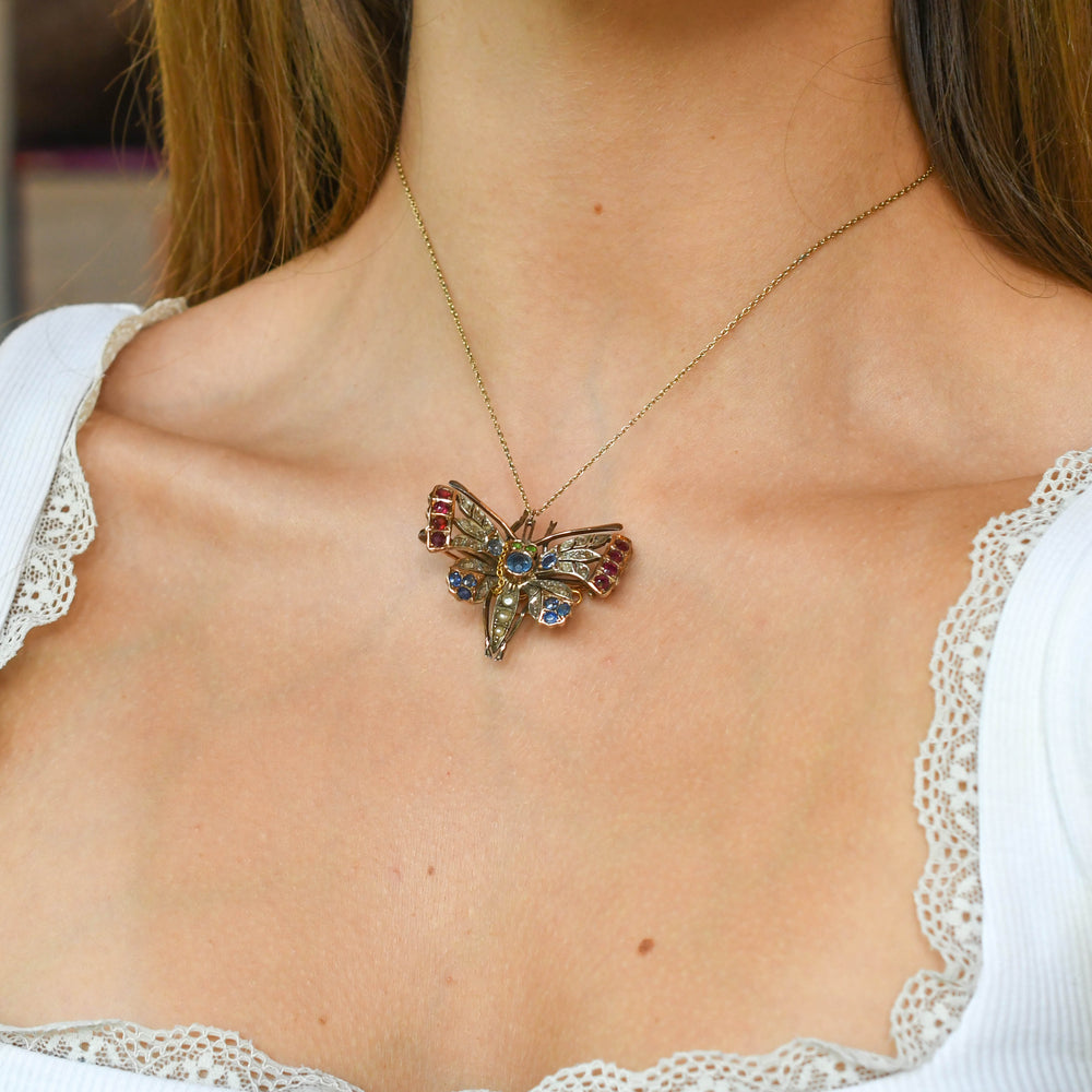 Victorian Multi-Gem Butterfly Brooch Pendant
