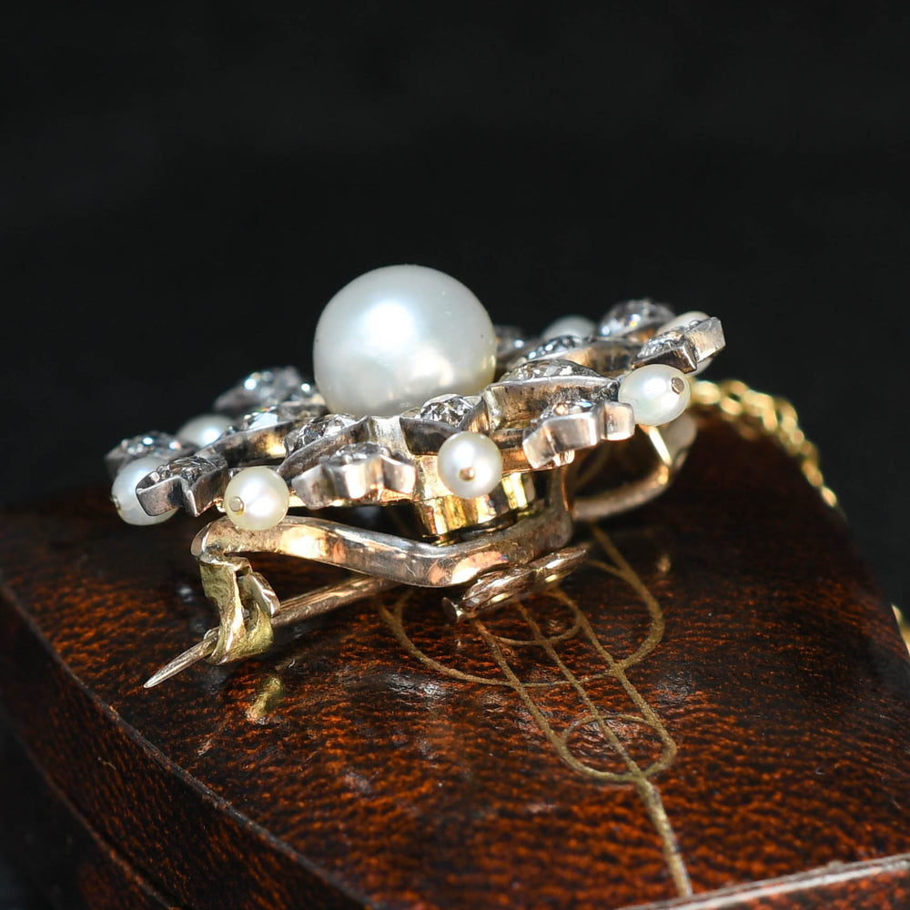 Late Victorian Natural Pearl & Diamond Snowflake Brooch Pendant