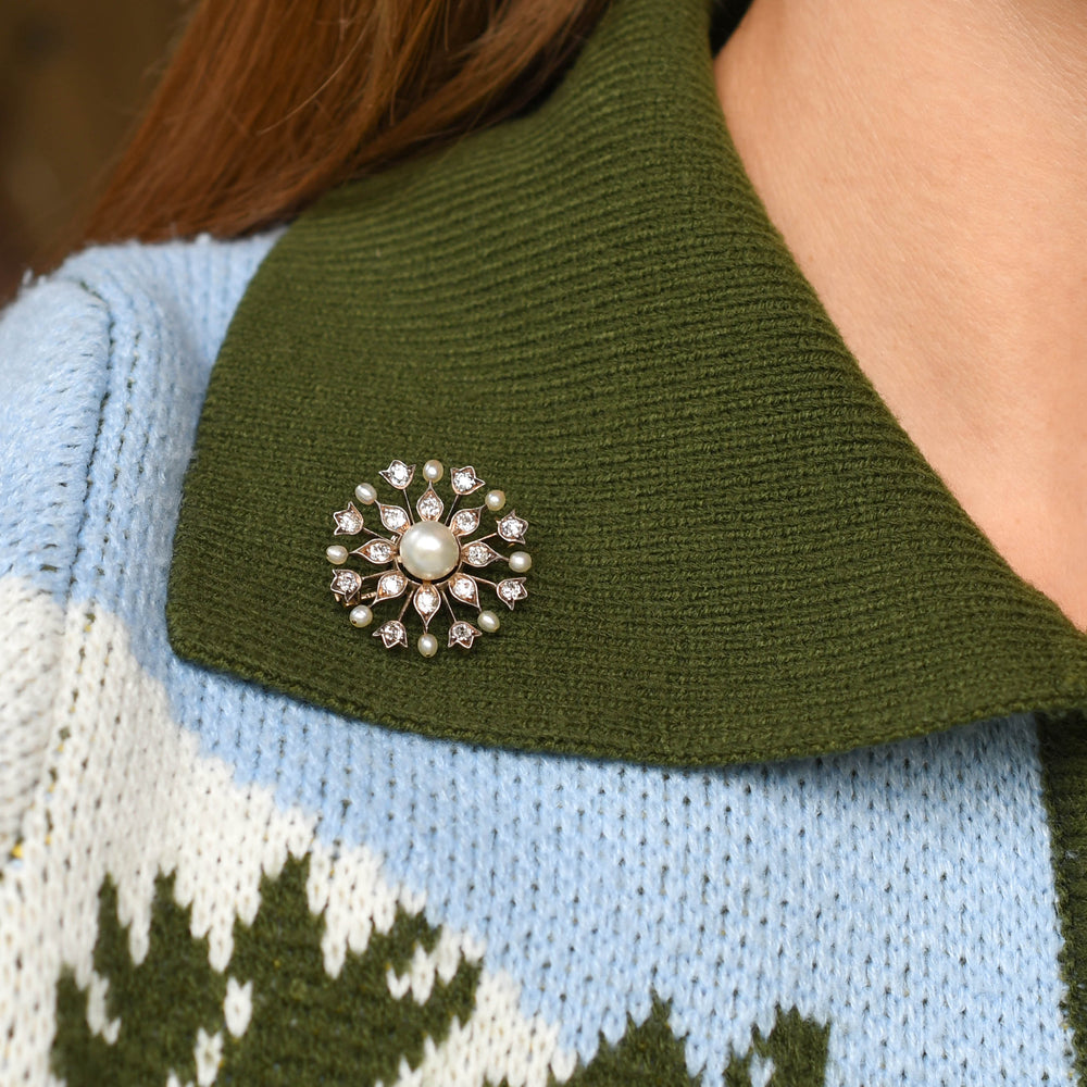 Late Victorian Natural Pearl & Diamond Snowflake Brooch Pendant