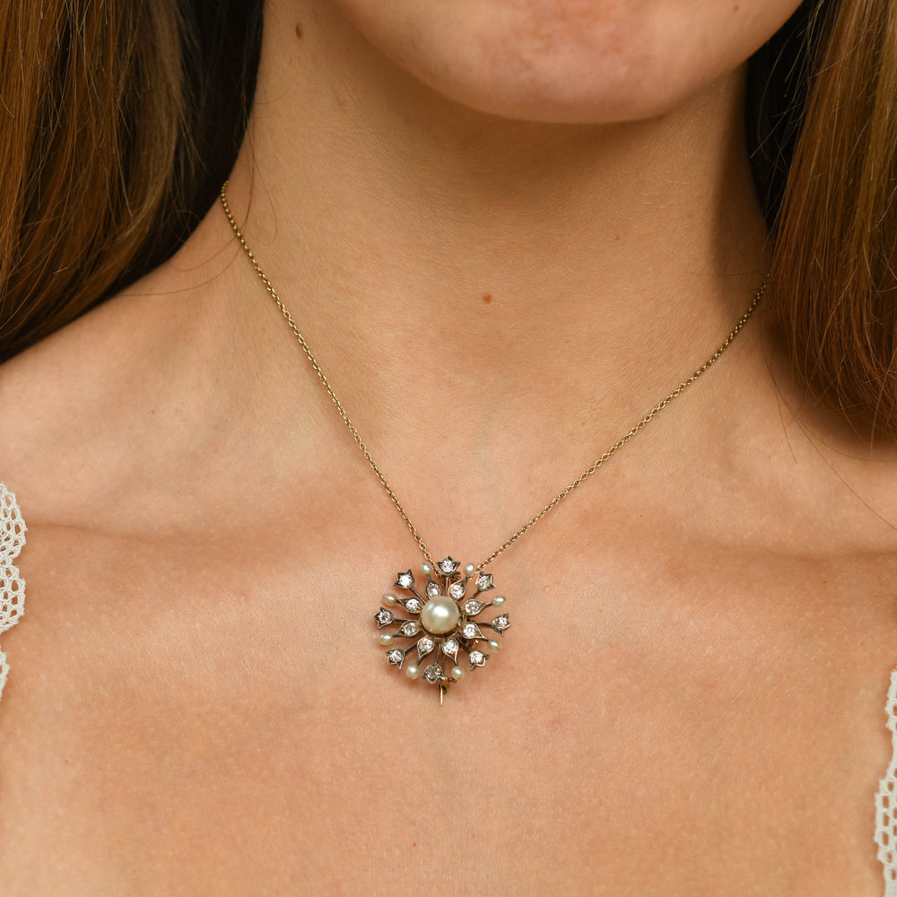 Late Victorian Natural Pearl & Diamond Snowflake Brooch Pendant