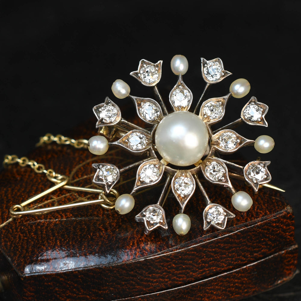 Late Victorian Natural Pearl & Diamond Snowflake Brooch Pendant