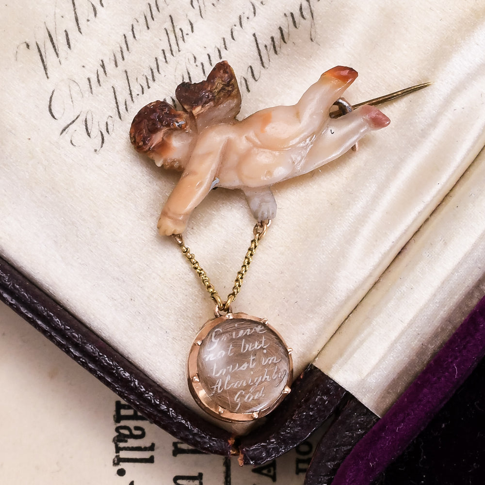 18th Century Miniature hard stone Cherub Brooch,