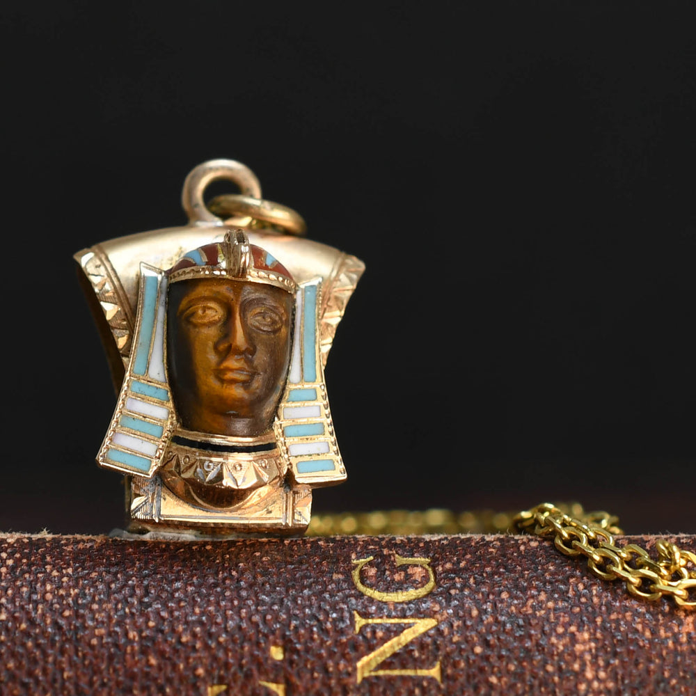 Egyptian Revival Carved Cat's Eye & Enamel Pharaoh Charm