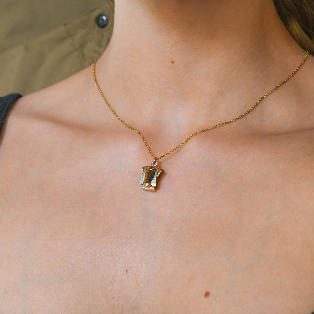 Egyptian Revival Carved Cat's Eye & Enamel Pharaoh Charm