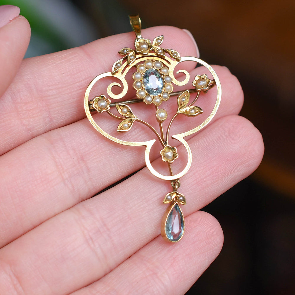 Edwardian Aquamarine & Pearl Lavaliere Pendant