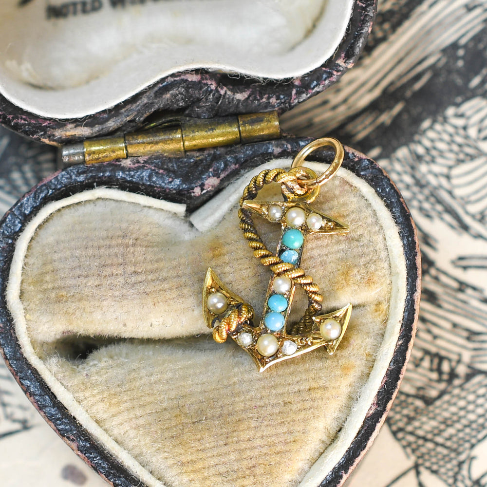 Edwardian Turquoise & Pearl Lucky Anchor Charm