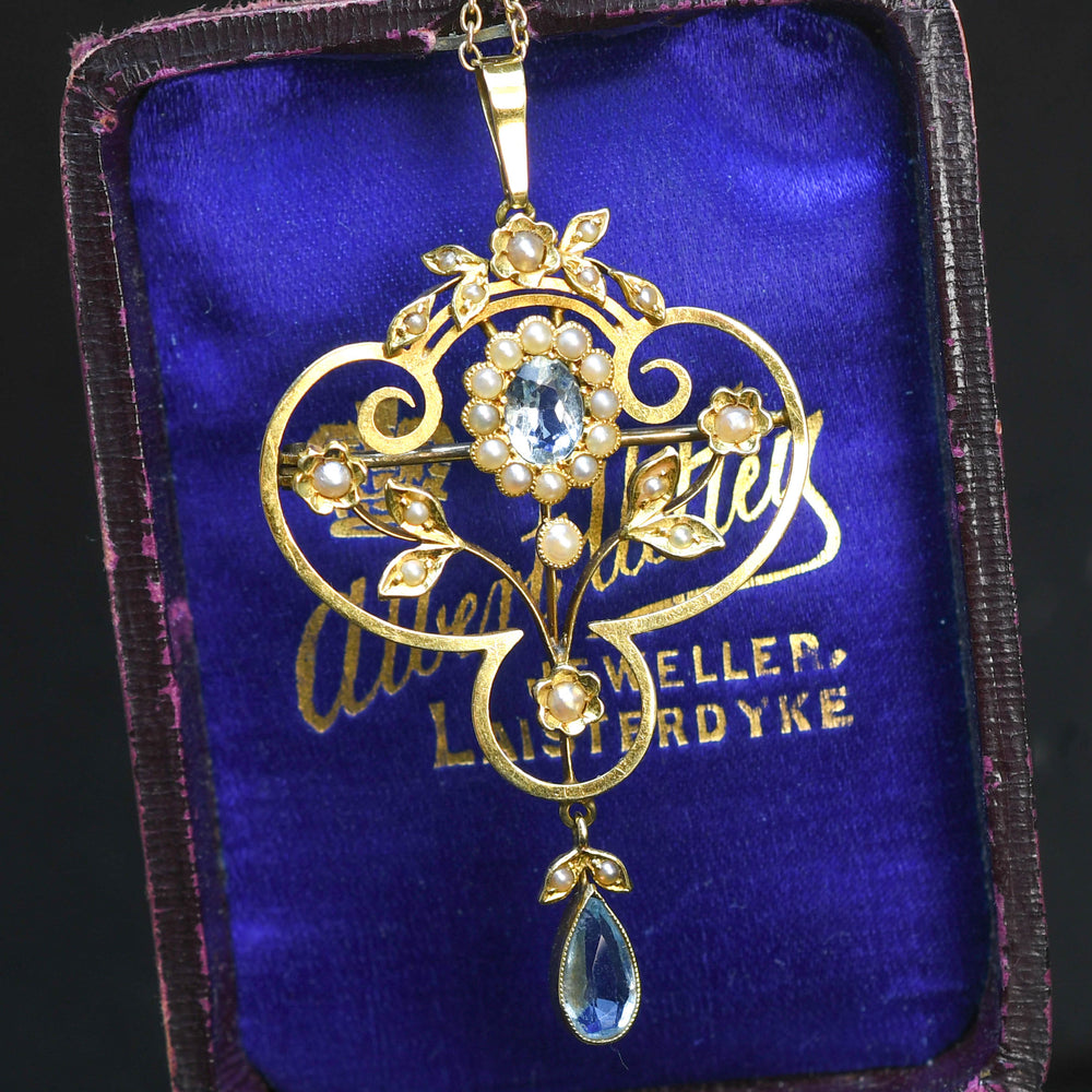 Edwardian Aquamarine & Pearl Lavaliere Pendant