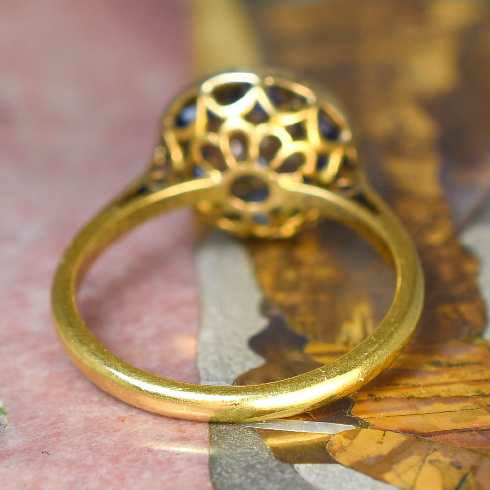 Edwardian Half-Moon Sapphire & Diamond Flower Cluster Ring