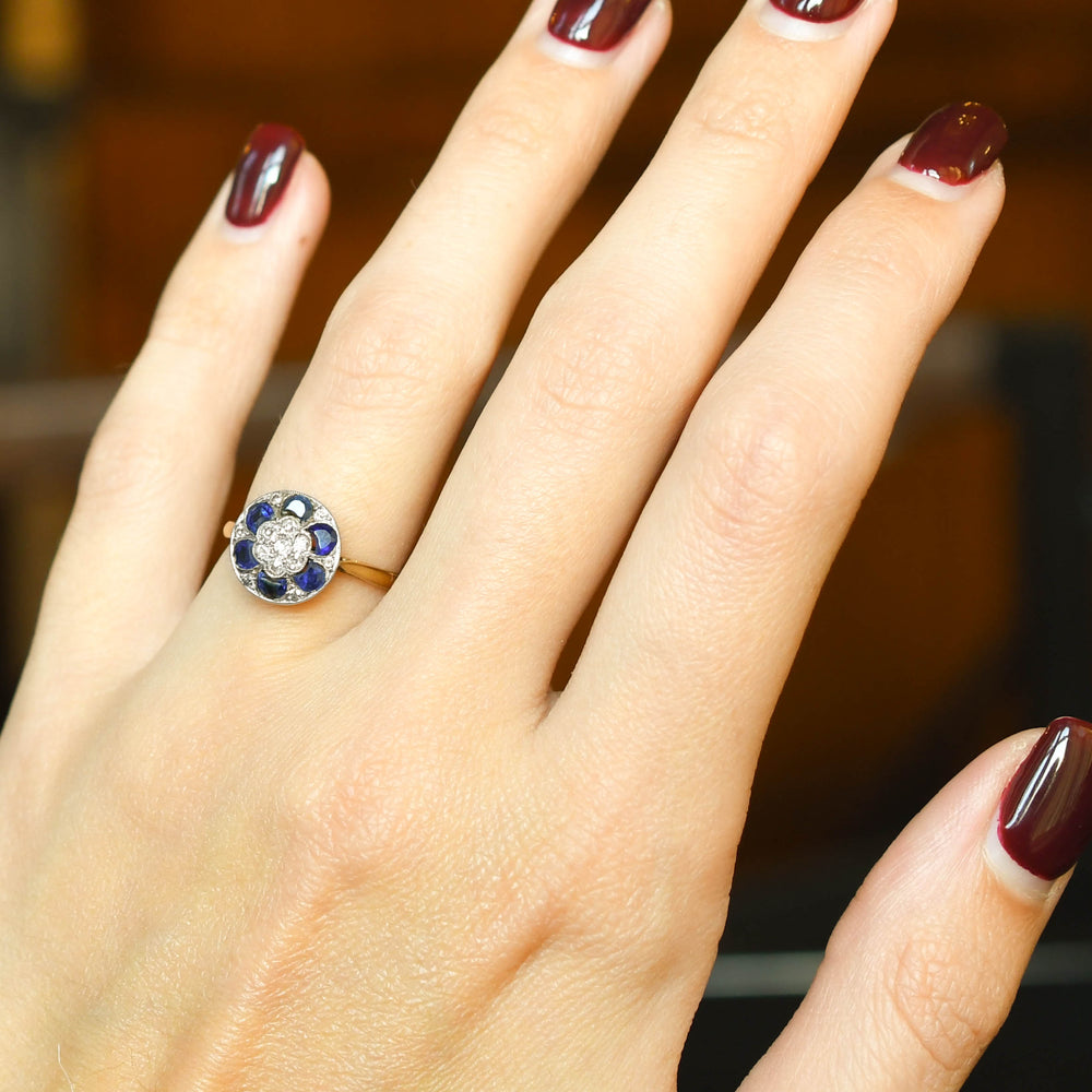 Edwardian Half-Moon Sapphire & Diamond Flower Cluster Ring