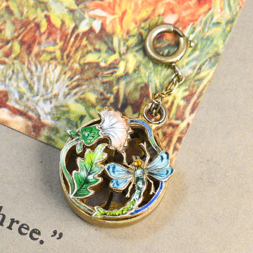Art Nouveau Dragonfly Flower Enamel Vinaigrette Pendant