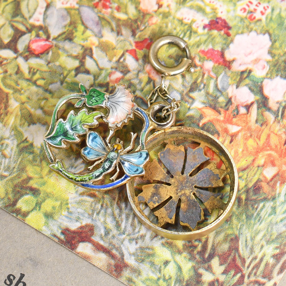 Art Nouveau Dragonfly Flower Enamel Vinaigrette Pendant