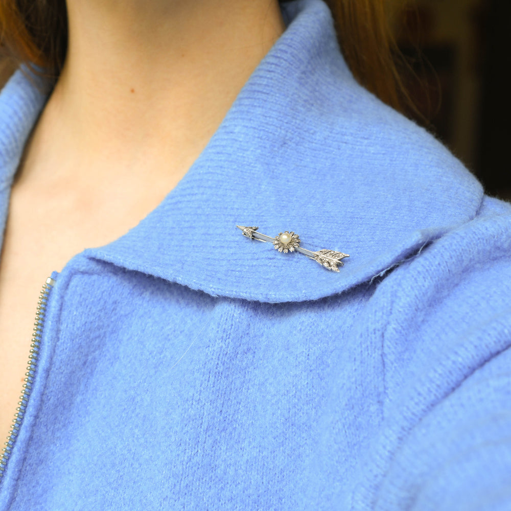 Antique Natural Pearl & Rose Cut Diamond Flower Arrow Pin