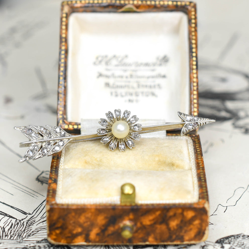 Antique Natural Pearl & Rose Cut Diamond Flower Arrow Pin