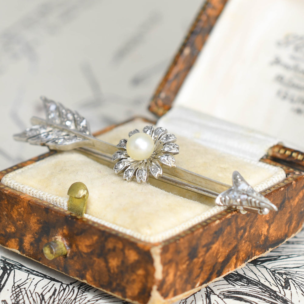 Antique Natural Pearl & Rose Cut Diamond Flower Arrow Pin