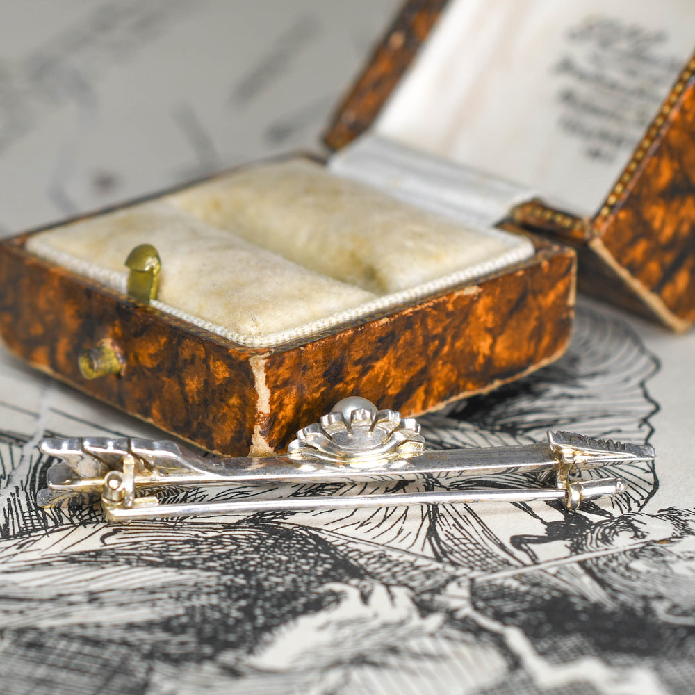 Antique Natural Pearl & Rose Cut Diamond Flower Arrow Pin