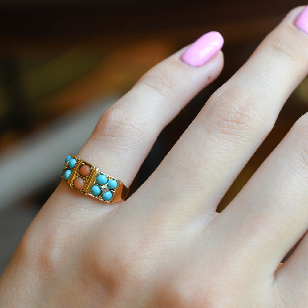 Victorian Coral, Turquoise & Diamond Cluster Ring