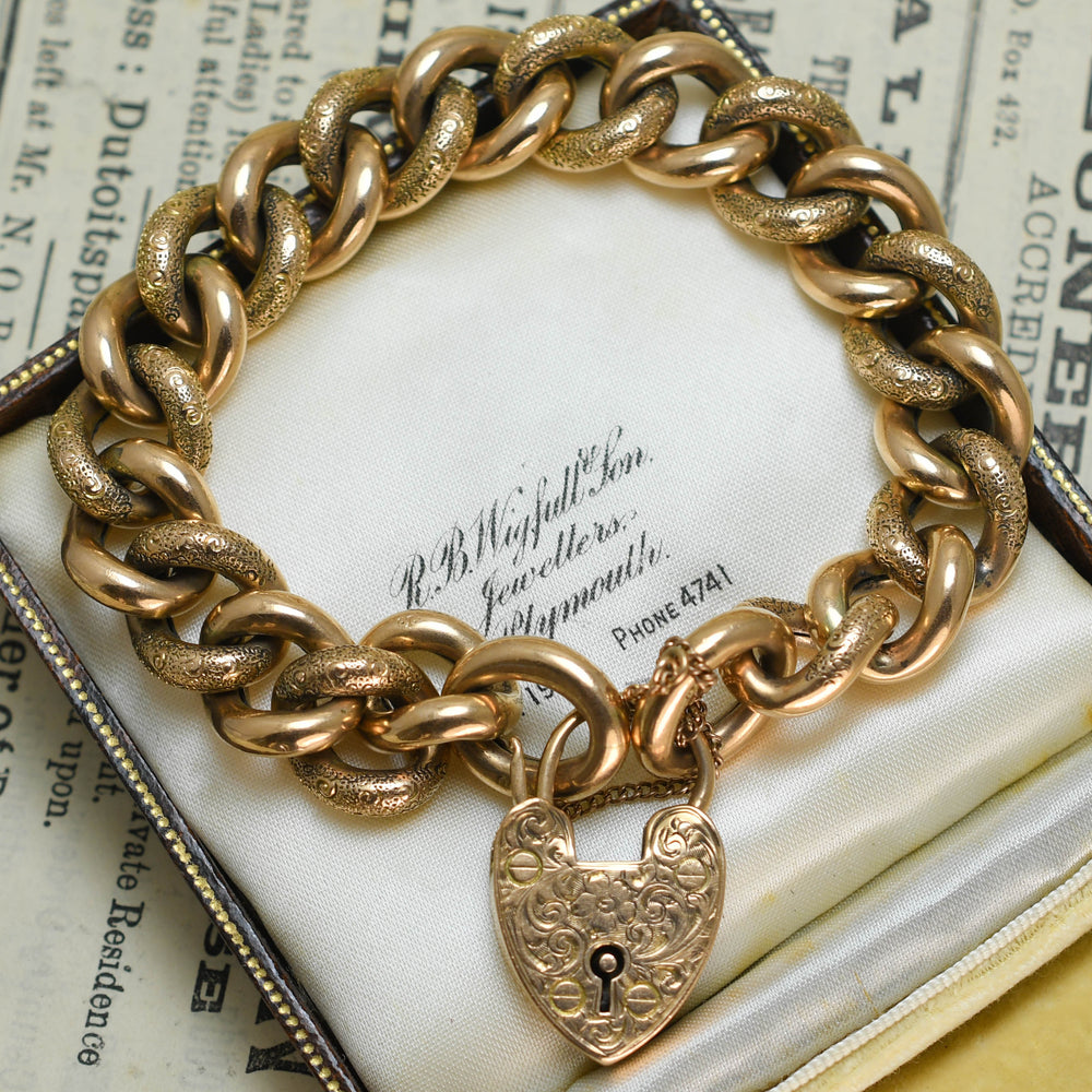 Victorian Gold Curb-Link Bracelet with Heart Padlock