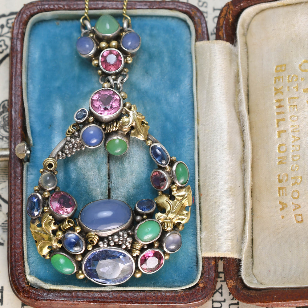 Arts & Crafts Multi-Gem Pendant & Chain Attributed to Dorrie Nossiter